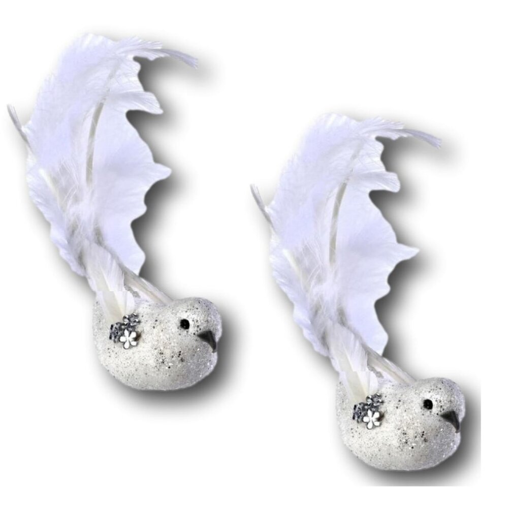 Set of 2 - 7" Jeweled & Glittered White Feathered Bird Christmas Ornaments